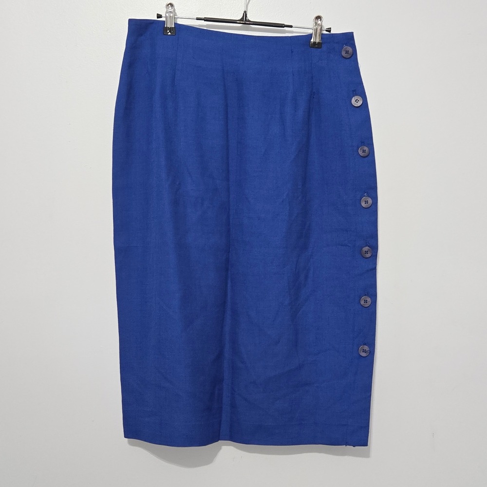 B#84 Talbots Petites Blue Linen Blend Button Front Midi Skirt Size‎ 14P